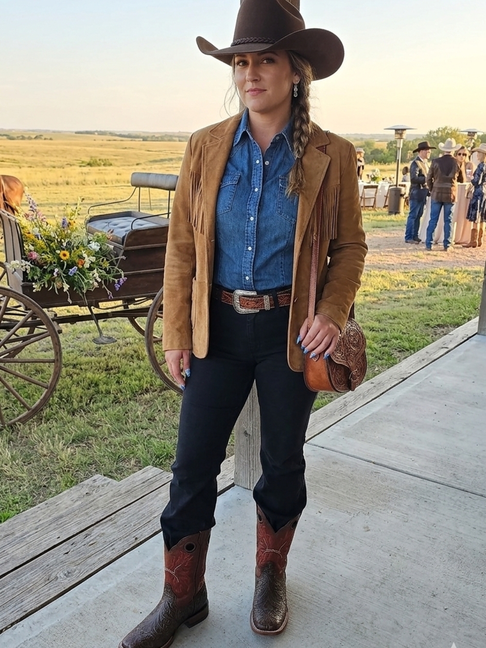 RW&CO. Dark Brown Leather Cowboy Boots with Pink Stitch Accents